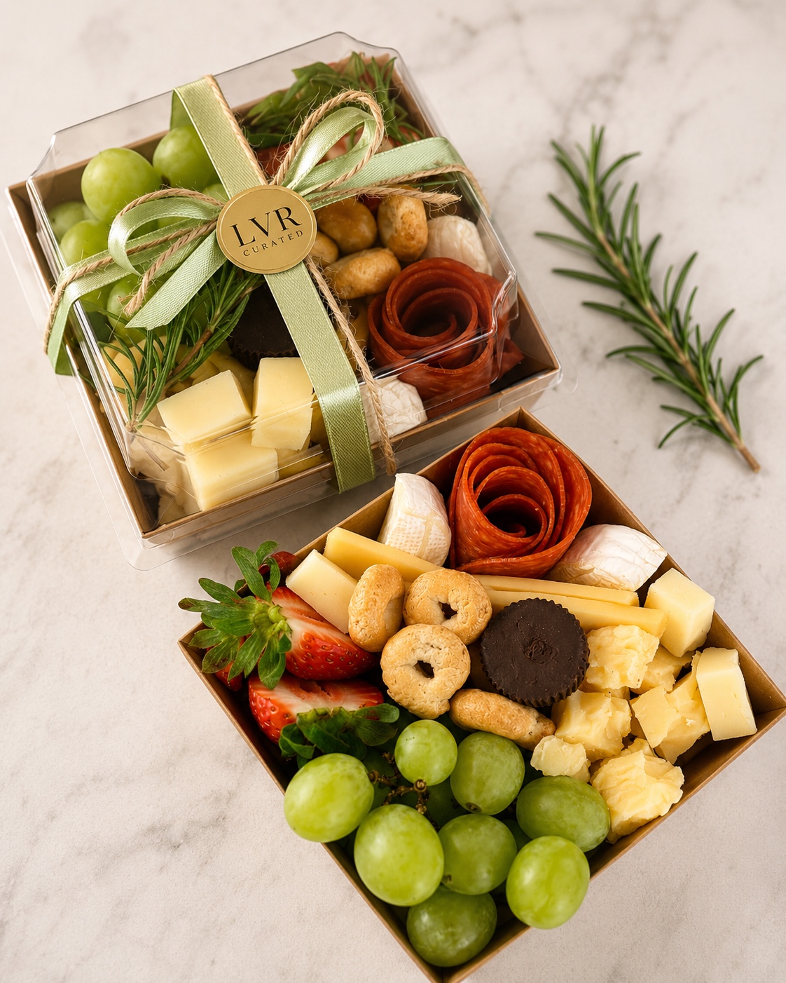 LVR Curated petite charcuterie boxes with sage ribbon and gold sticker